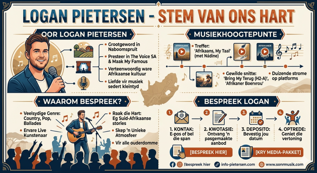 "Infografika van die Afrikaanse sanger Logan Pietersen met besonderhede oor sy musiekloopbaan, treffers soos Afrikaans, My Taal' en 'Bring My Terug (H2-A)', en inligting oor hoe om hom te bespreek vir feeste en korporatiewe geleenthede in Suid-Afrika